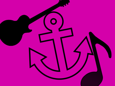 Grafik med guitar og en node med børnehavens anker-logo